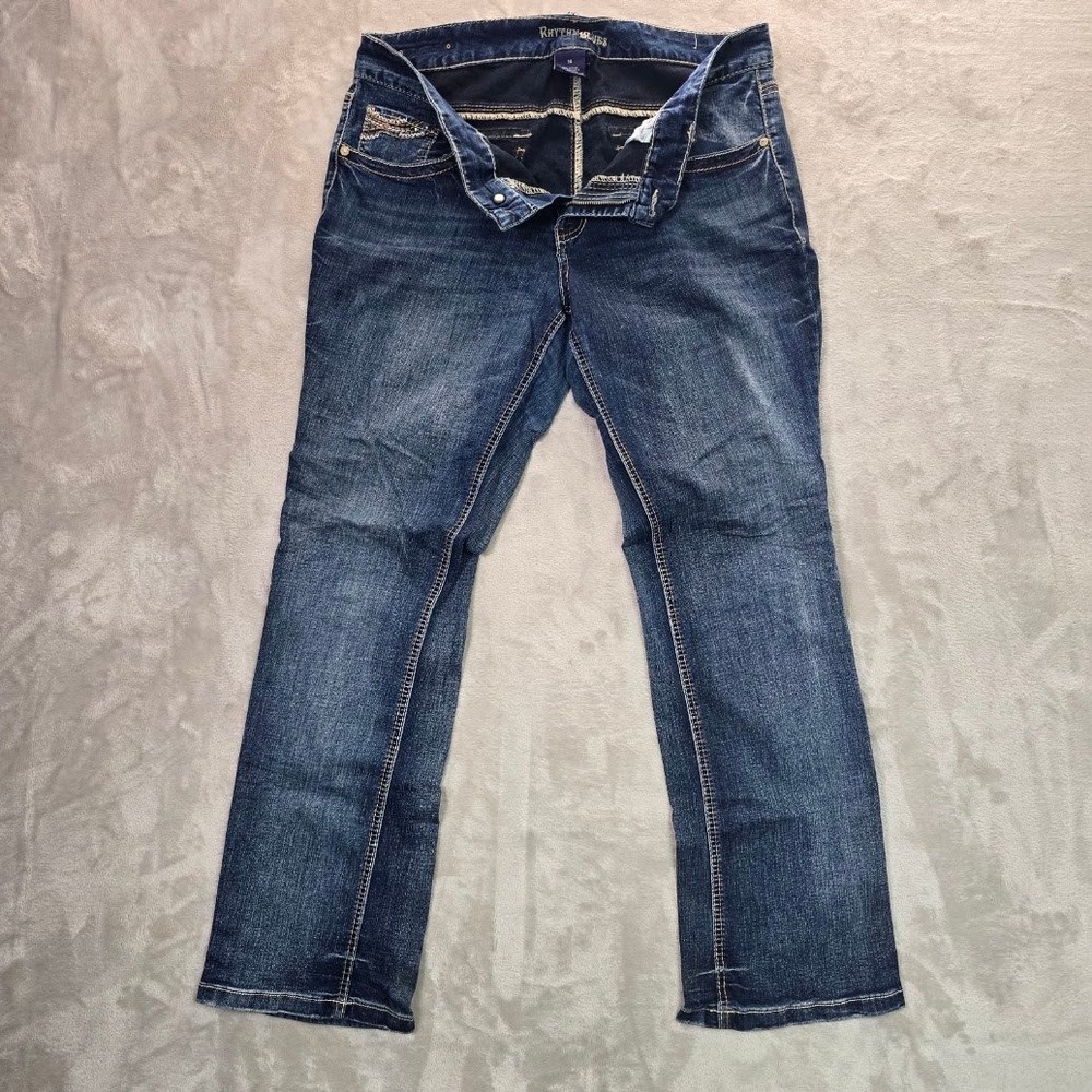 Rhythm in Blues Womens Straight Leg Jeans Blue Embroidered Pockets Size 14